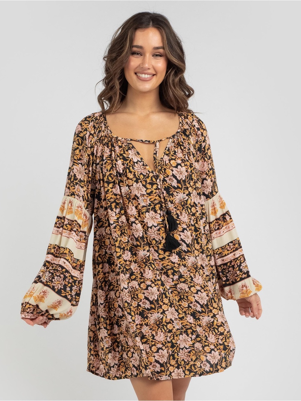 Billabong Floral V-Neck Mini Dress in Pink and Black